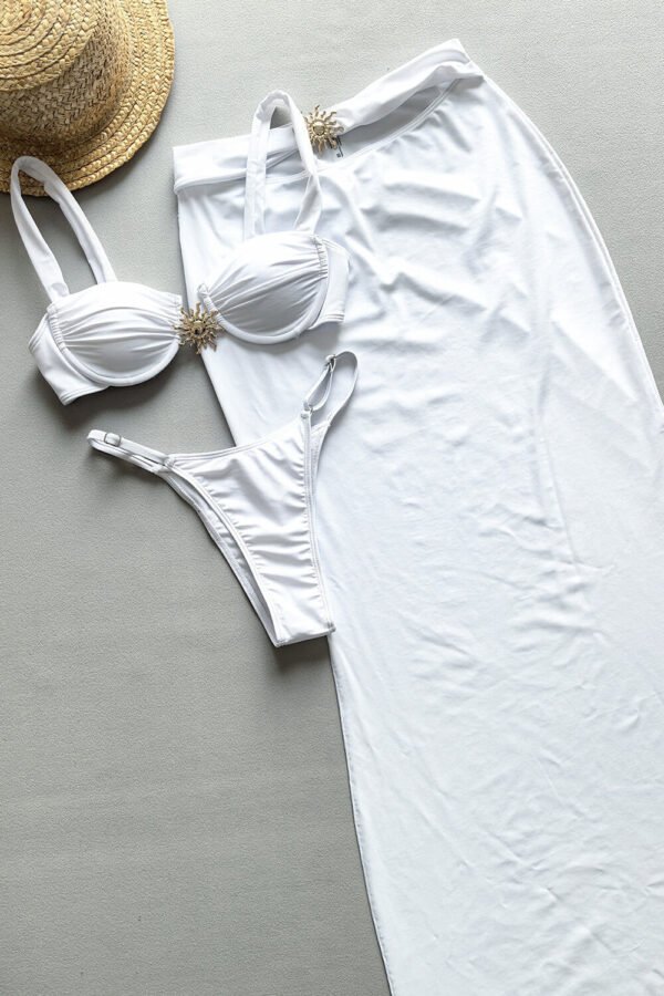 Balconette Ruched Underwire High-Cut Bikini Set With Metal Sun Decor