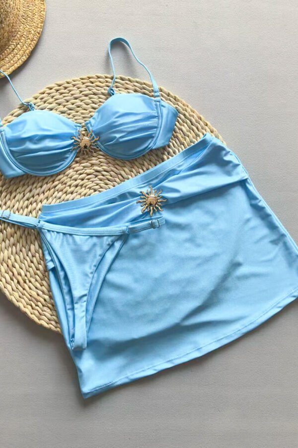 Balconette Ruched Underwire High-Cut Bikini Set With Metal Sun Decor
