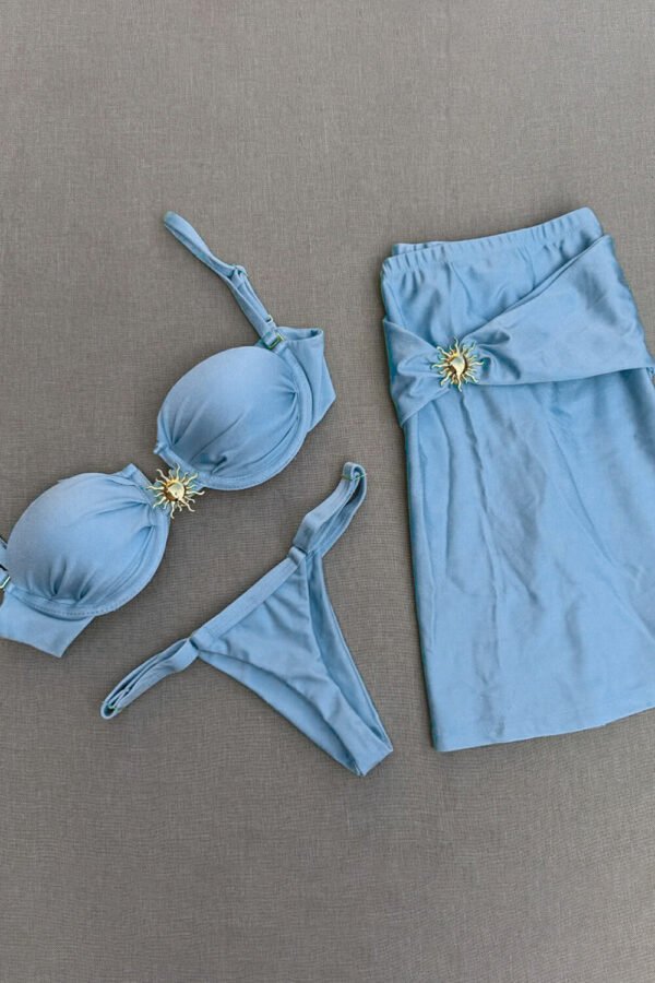 Balconette Ruched Underwire High-Cut Bikini Set With Metal Sun Decor