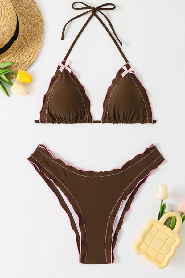 Frill Trim Triangle Halter High Cut Bikini Set
