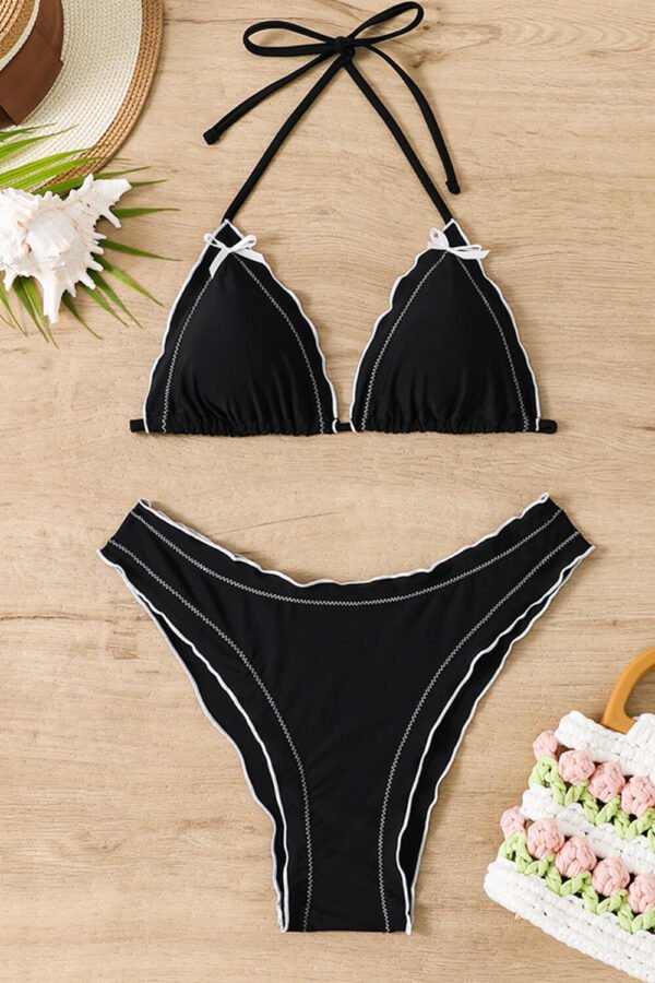 Frill Trim Triangle Halter High Cut Bikini Set