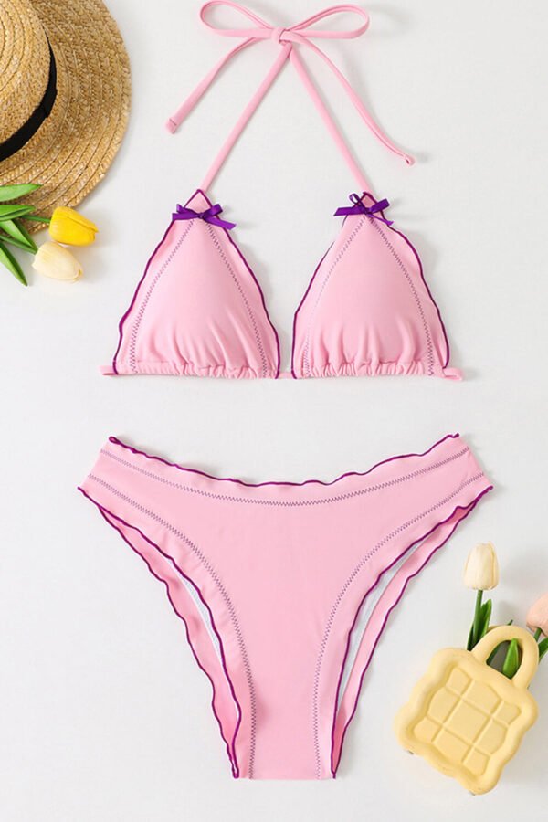 Frill Trim Triangle Halter High Cut Bikini Set